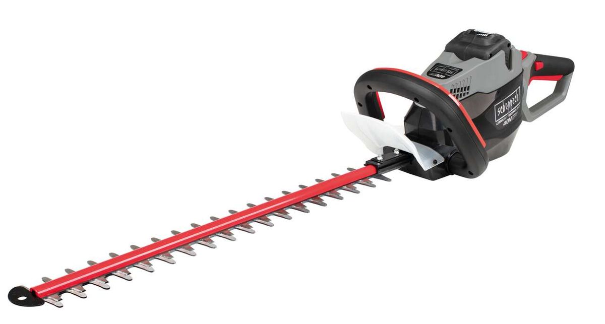 Scheppach Heckenschere BHT560-40Li ohne Akku und Ladegerät, seitliche Ansicht.