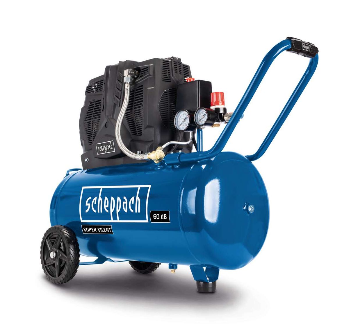 Scheppach HC51Si Super Silent Kompressor, 50L, 1500W, 8 bar, 300l/min, 230V, 50Hz, ölfrei, 2 Manometer, 2 Schnellanschlusskupplungen, von der Seite gezeigt.
