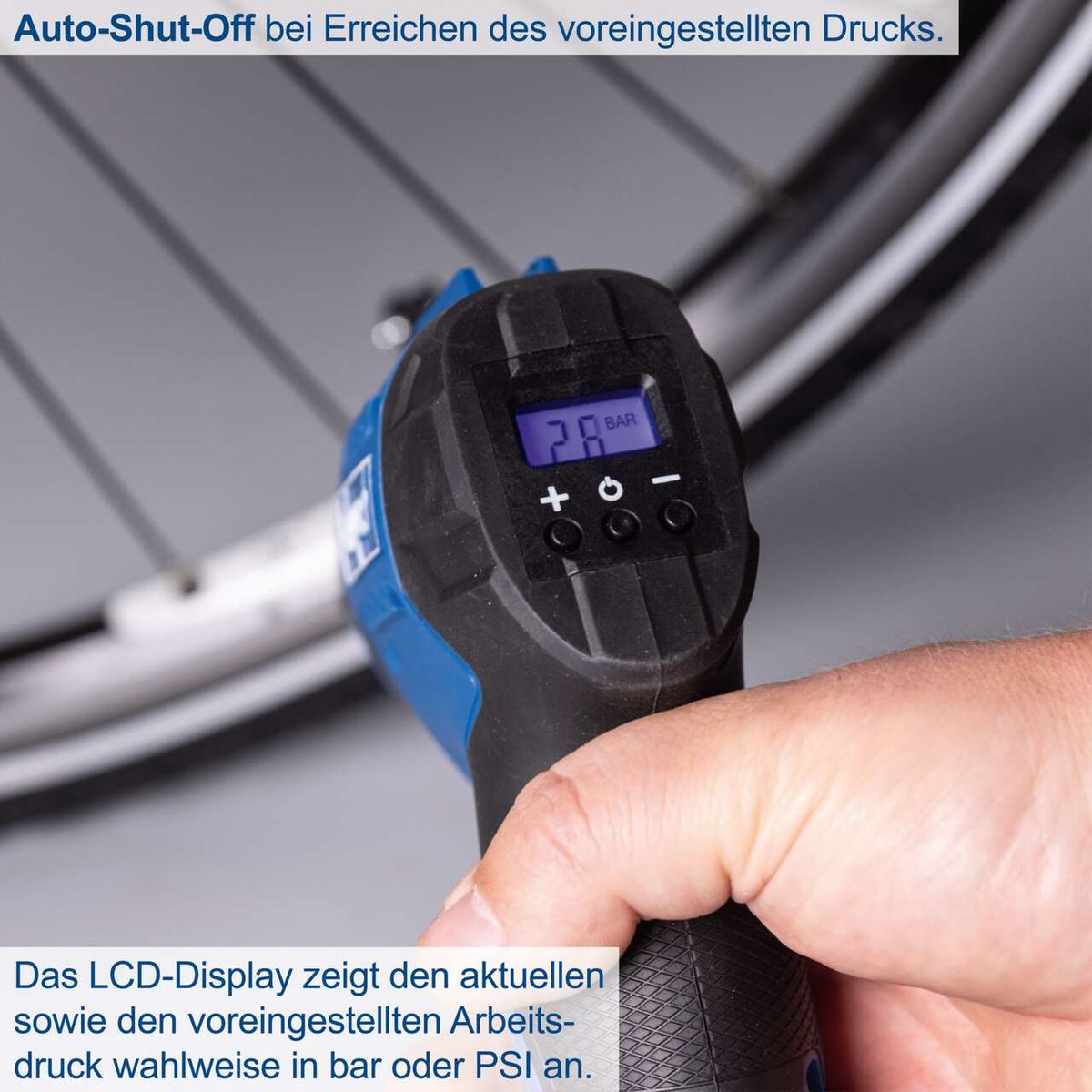 Handkompressor mit LCD-Anzeige für aktuellen und eingestellten Arbeitsdruck (Auto-Shut-Off) in bar oder PSI