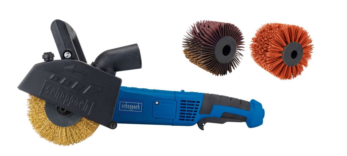 Universal-Renovierungsschleifer MRS1300 von Scheppach, Ansicht von oben mit drei verschiedenen Schleifbürsten. Der Schleifer ist blau und schwarz, die Bürsten sind gold, rot und braun.