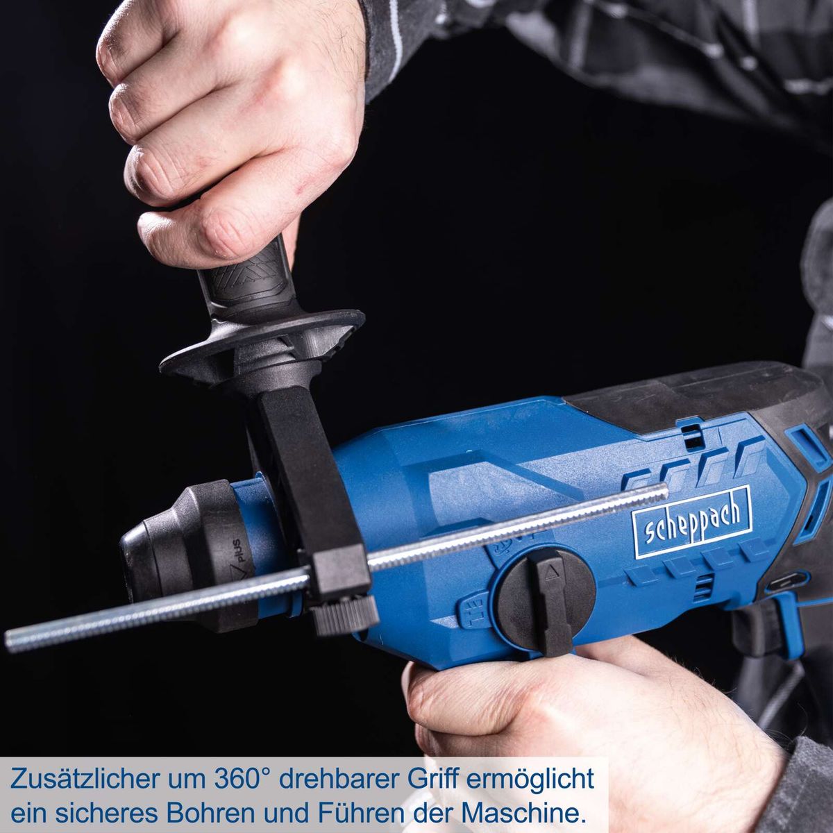 360° drehbarer Griff für sicheres Halten und präzises Arbeiten beim Bohren und Führen der Maschine