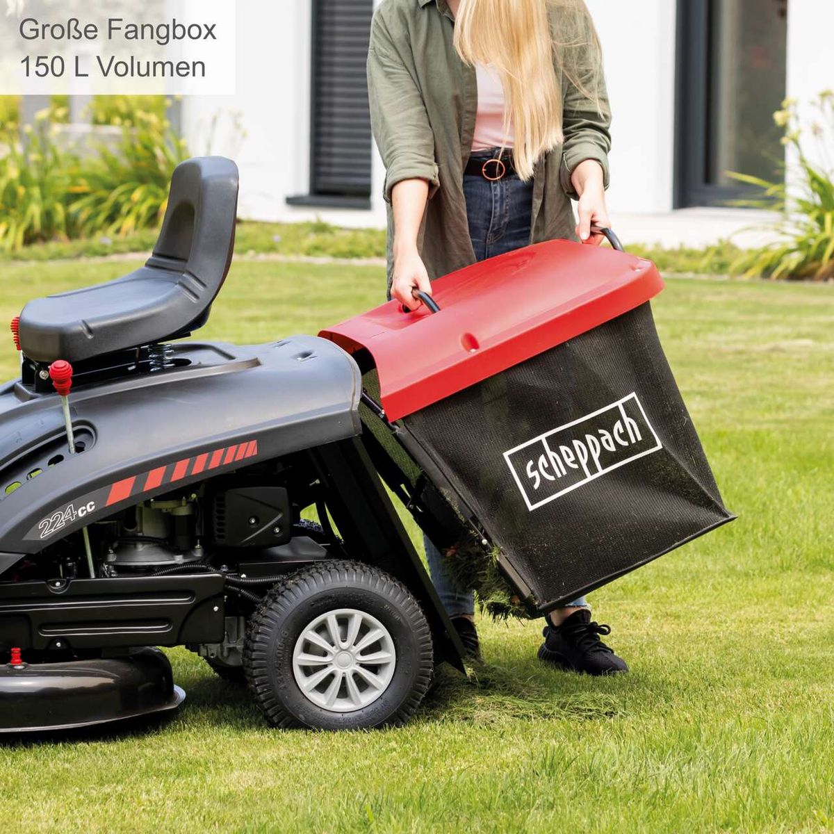 Aufsitzrasenmäher MR224-61 mit großer Fangbox, 150 Liter Volumen. Scheppach Produkt.