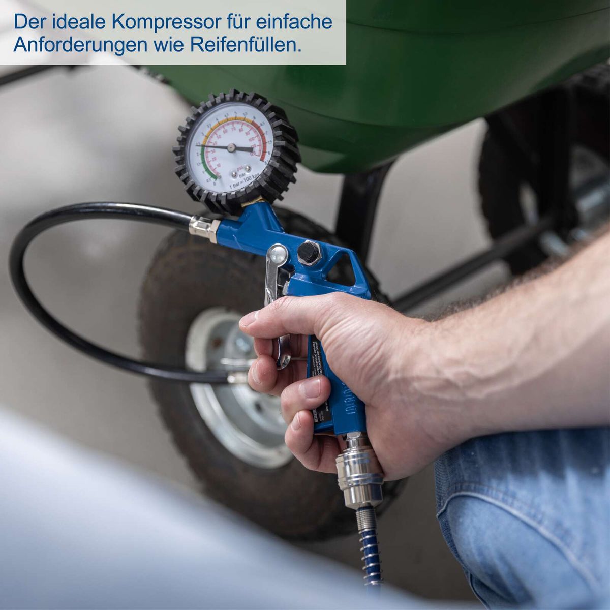 Der ideale Kompressor für einfache Anforderungen wie Reifenfüllen. Der Kompressor HC26Si von Scheppach mit 1100W, 8 Bar, 24L Kessel und 162 l/min Ansaugleistung ist ölfrei und leise mit 66 dB.
