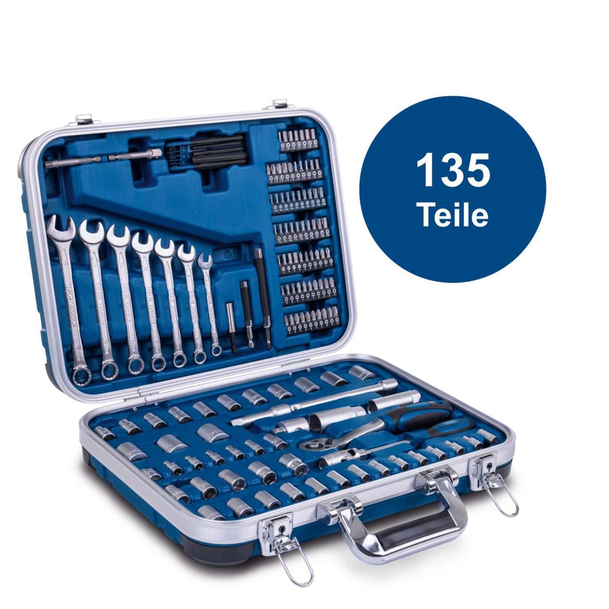 Der Werkzeugkoffer TB170 von Scheppach enthält 135 Teile, darunter Schraubenschlüssel, Stecknüsse und verschiedene Werkzeuge. Ideal für Heimwerker und Profis.