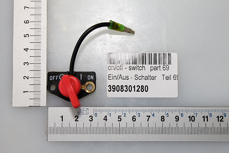 Ein- und Ausschalter mit rotem Drehknopf und schwarzem Kabel. Artikelnummer: 3908301280.
