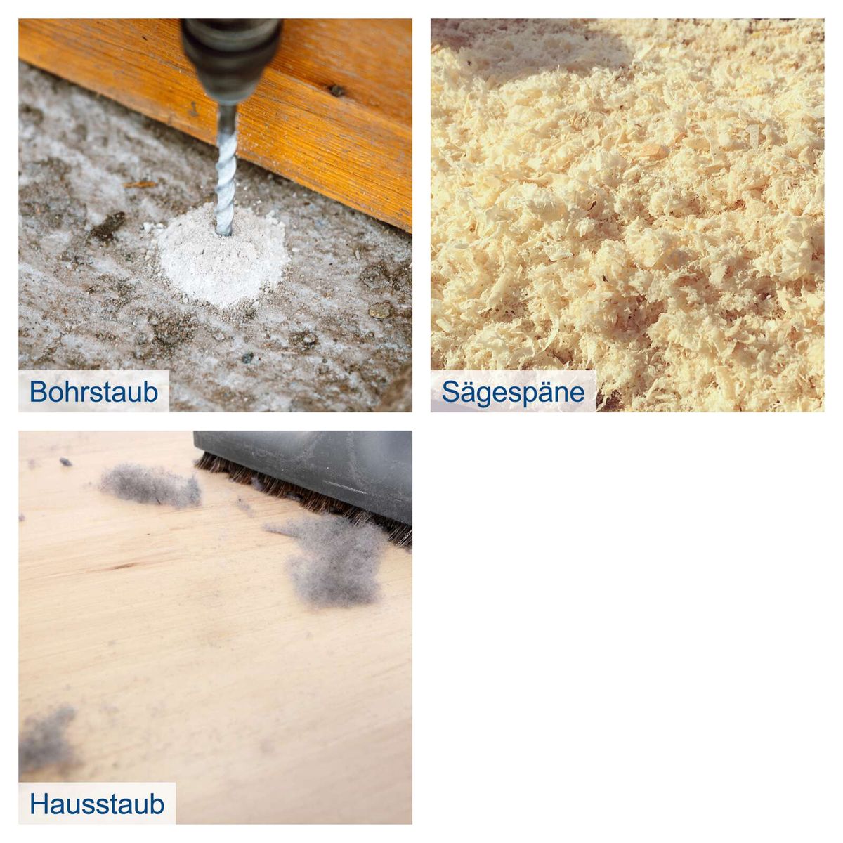 Drei Arten von Holzstaub: Bohrstaub, Sägespäne und Hausstaub, dargestellt durch Bilder aus der Absauganlage.