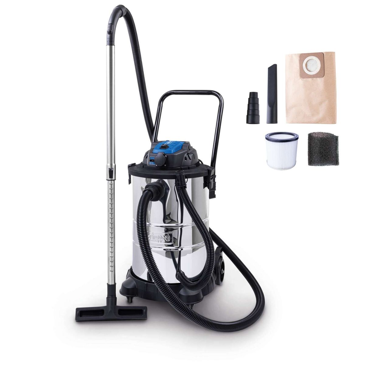 Elektro Nass-/Trockensauger VC50 Scheppach mit 1400W, 3m Schlauchlänge, 5m Anschlusskabel, 50L Fassungsvermögen und 20kPa Saugkraft. Inklusive Zubehör wie Filter, Düsen und Schlauch.