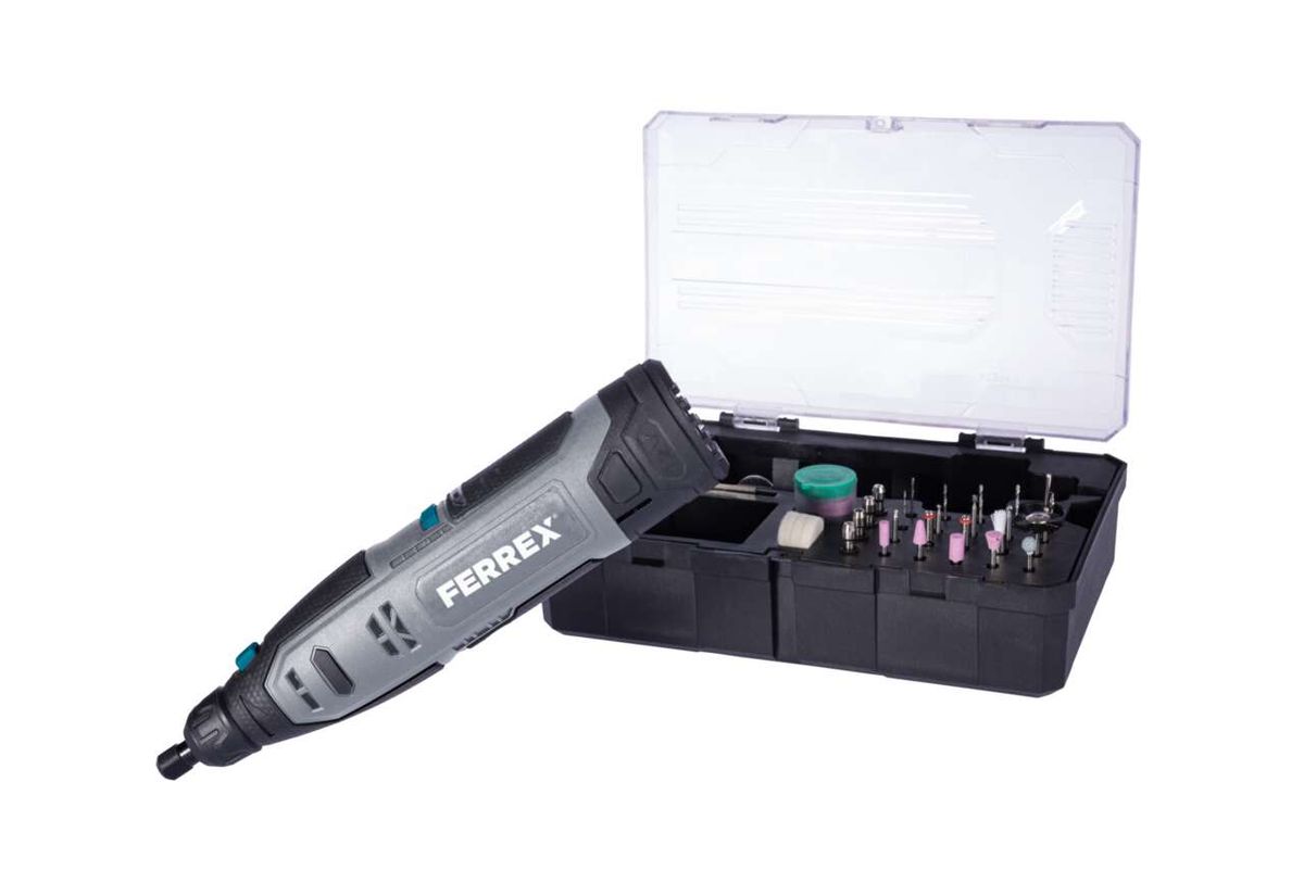 Akku-Multifunktionswerkzeug F-CRT12 Ferrex Deutschland, Ansicht von links. Inkl. Zubehörkoffer mit verschiedenen Aufsätzen.