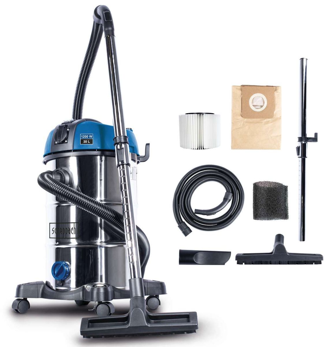 Nass- und Trockensauger ASP30Plus von Scheppach mit Zubehör wie Schlauch, Filter und Düsen. Der Sauger ist von der Seite zu sehen.