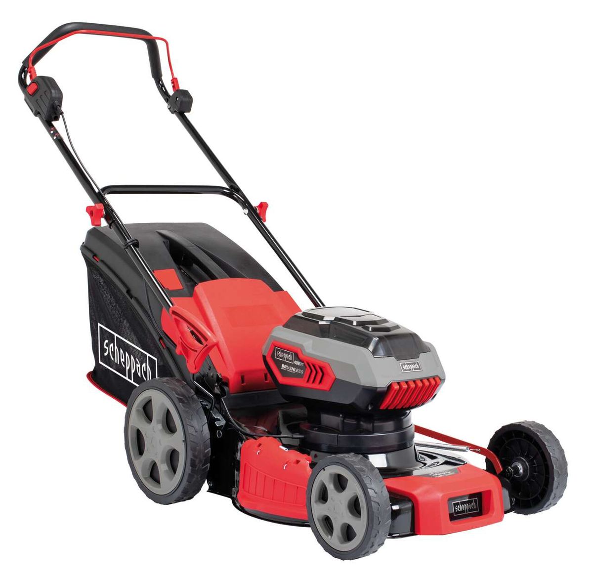 Rasenmäher MP46-40Li von Scheppach, seitlich von links fotografiert.