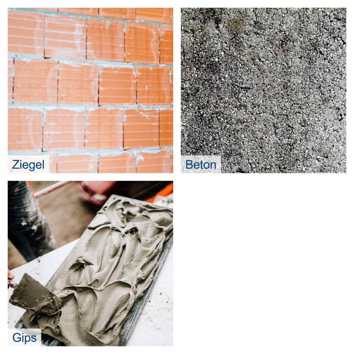 Mauernutfräse mit Ziegel-, Beton- und Gipskantenverarbeitung, illustriert durch Materialbeispiele