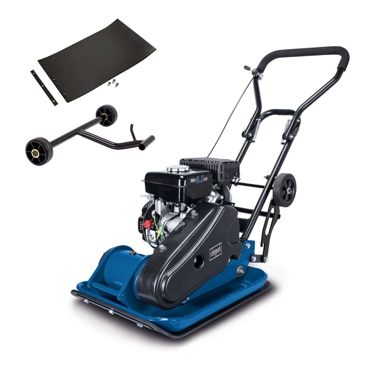 Rüttelplatte HP1100S von Scheppach mit 6,5 PS, 57 kg Gewicht und 11000 N Kraft. Inklusive Fahrwerk und Gummimatte. Gezeigt von der Seite mit Motor und Griffen.