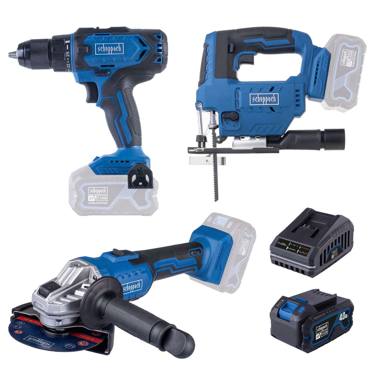 Scheppach-Werkzeugset mit Akku-Drill, Akku-Schleifmaschine, Akku-Säge, Akku-Werkzeugboxen und Akku-Bohrmaschinen für Heimwerker