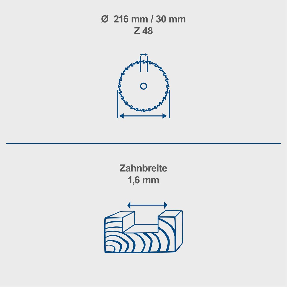 Das Produkt hat einen Durchmesser von 216 mm und eine Breite von 30 mm. Es verfügt über 48 Zähne mit einer Zahnbreite von 1,6 mm.