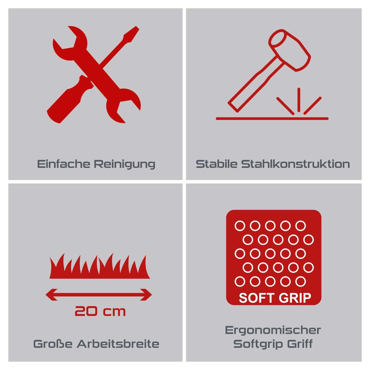 Wichtige Merkmale des Handrasenlüfters: Einfache Reinigung, stabile Stahlkonstruktion, große Arbeitsbreite von 20 cm, ergonomischer Softgrip-Griff.