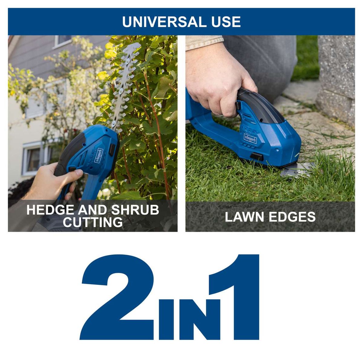 Scheppach 2-in-1 cordless grass and shrub shears with 90 mm cutting width and 200 mm cutting length, including battery and charger for precise trimming of hedges and lawn edges.