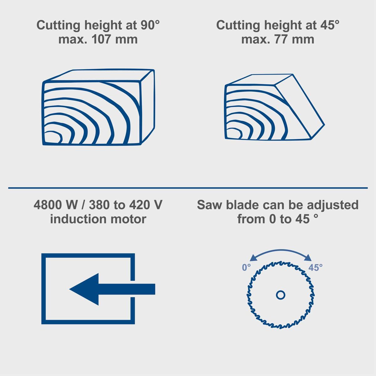Table saw with 4800 W / 380 to 420 V induction motor. Saw blade can be adjusted from 0 to 45°. Cutting height at 90° max. 107 mm, at 45° max. 77 mm.