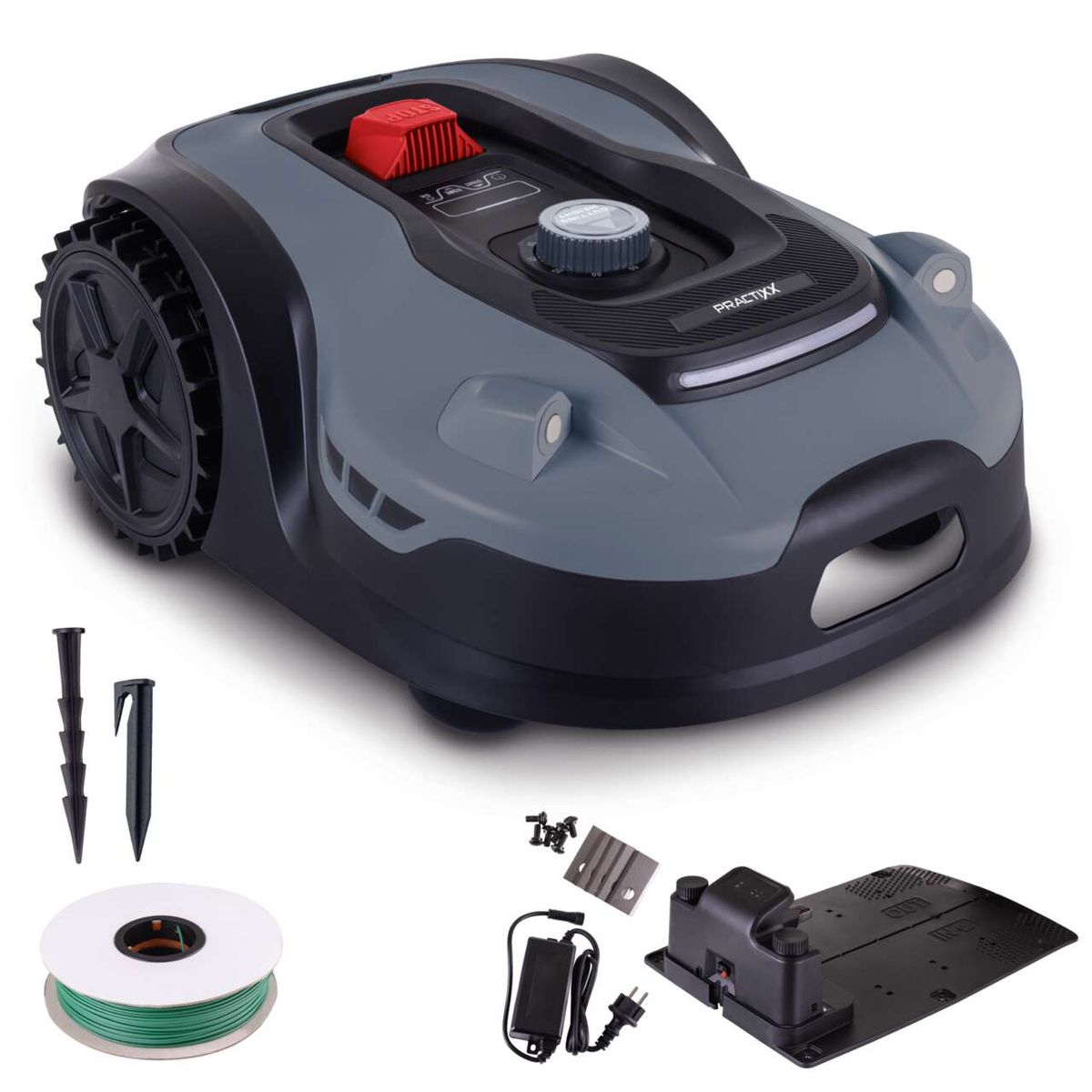 Mähroboter PX-RRM-2000Wi Practixx mit 22 cm Schnittbreite, 20-60 mm Schnitthöhe, Wifi & Bluetooth. Enthält Zubehör wie Kabel, Nägel, Halterung und Ladegerät.