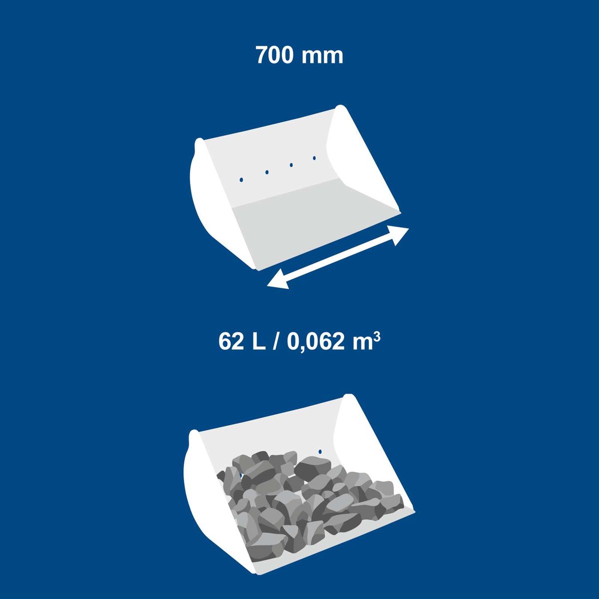 Böschungslöffel mit 700 mm Breite und 62 Liter Fassungsvermögen, dargestellt mit leerer und gefülltem Behälter