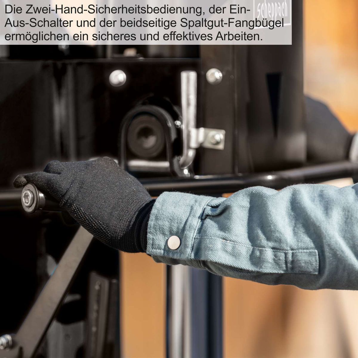 Zwei-Hand-Sicherheitssystem mit Ein-/Aus-Schalter und beidseitigen Materialfangbügeln für Holzspalter