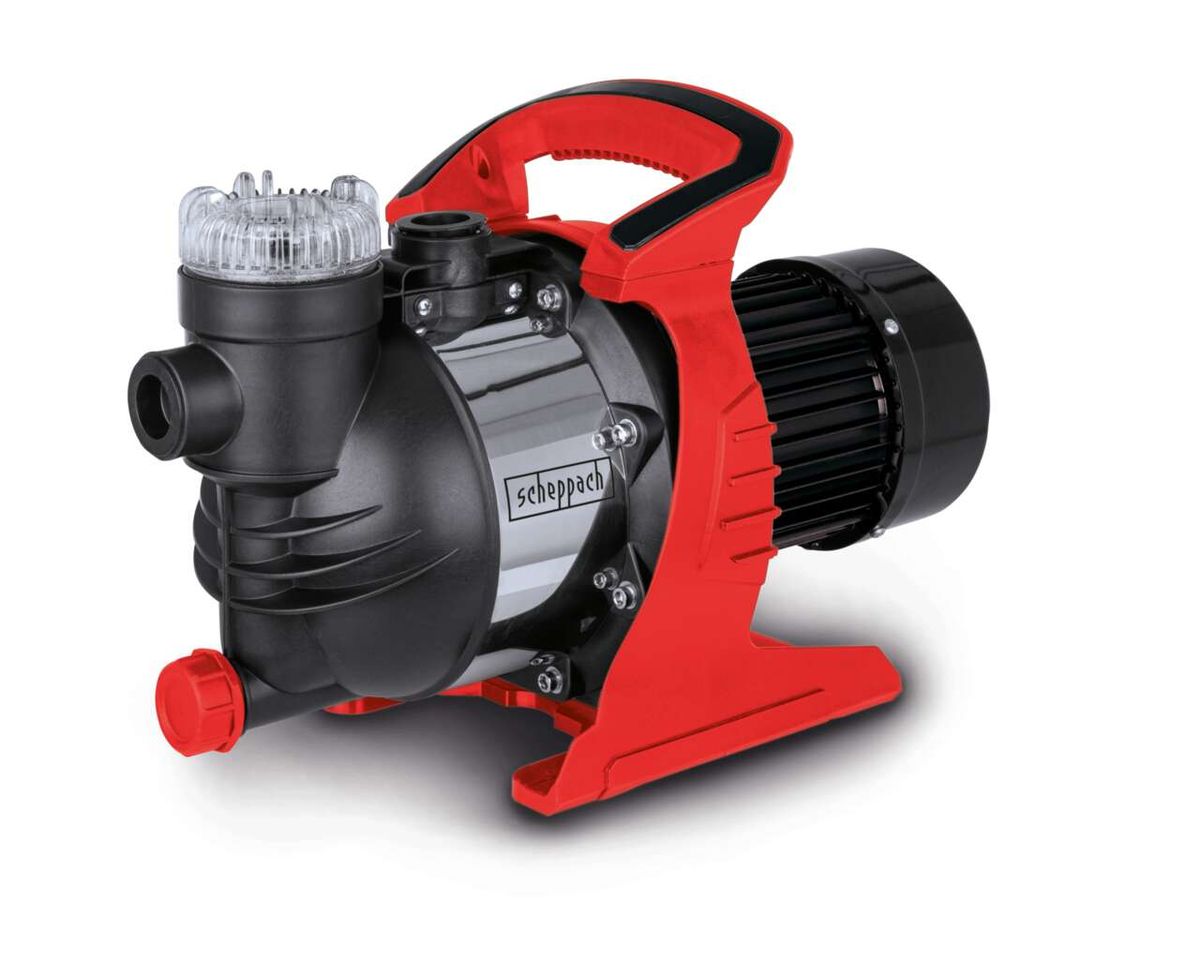 Gartenpumpe GP1400JET Scheppach, Ansicht von vorne. Die Pumpe hat einen roten Griff und einen schwarzen Motor.