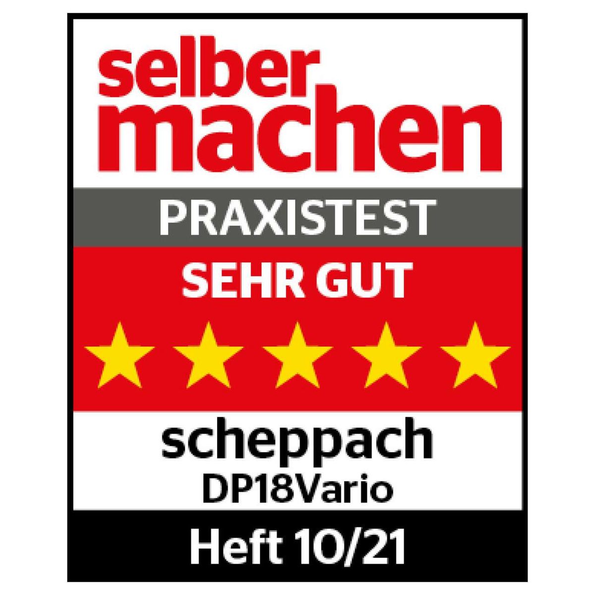 Die Tischbohrmaschine DP18 Vario von Scheppach hat eine Leistung von 550W, ein Bohrfutter von 16mm, eine variable Drehzahl und ist mit Laser und LED ausgestattet. Sie erhielt die Bewertung 'sehr gut' im Praxistest von 'selber machen'.