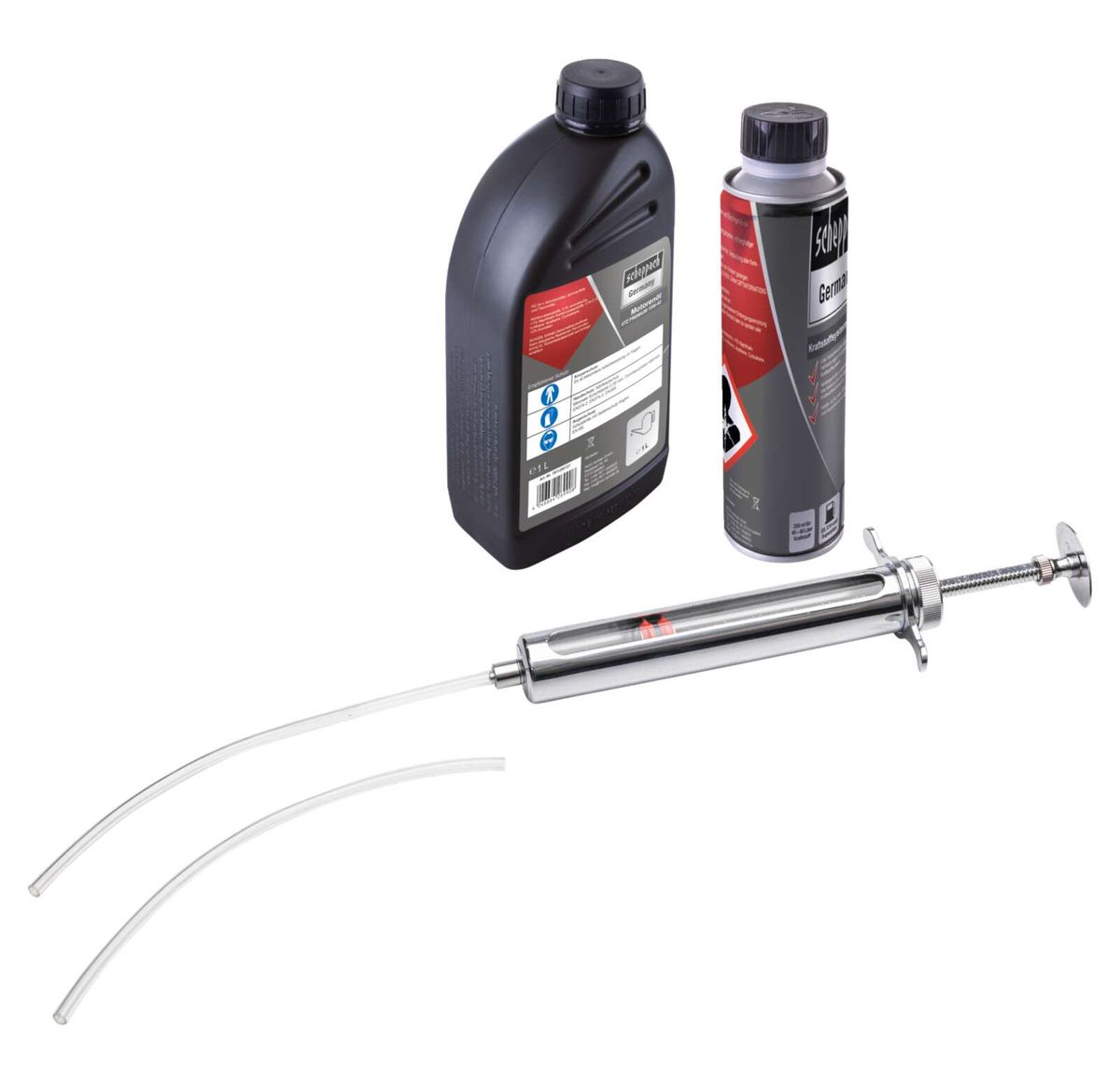 Scheppach Wartungs-Set mit Ölkanüle, Ölflasche und Reinigungsmittel für Rasenmäher