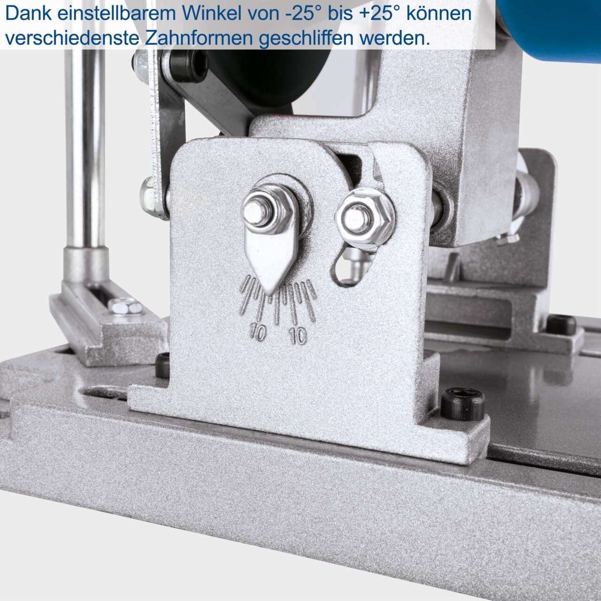 Das Sägeblattschärfgerät SBS1100 von Scheppach ermöglicht das Schleifen verschiedener Zahnformen dank eines einstellbarem Winkel von -25° bis +25°.
