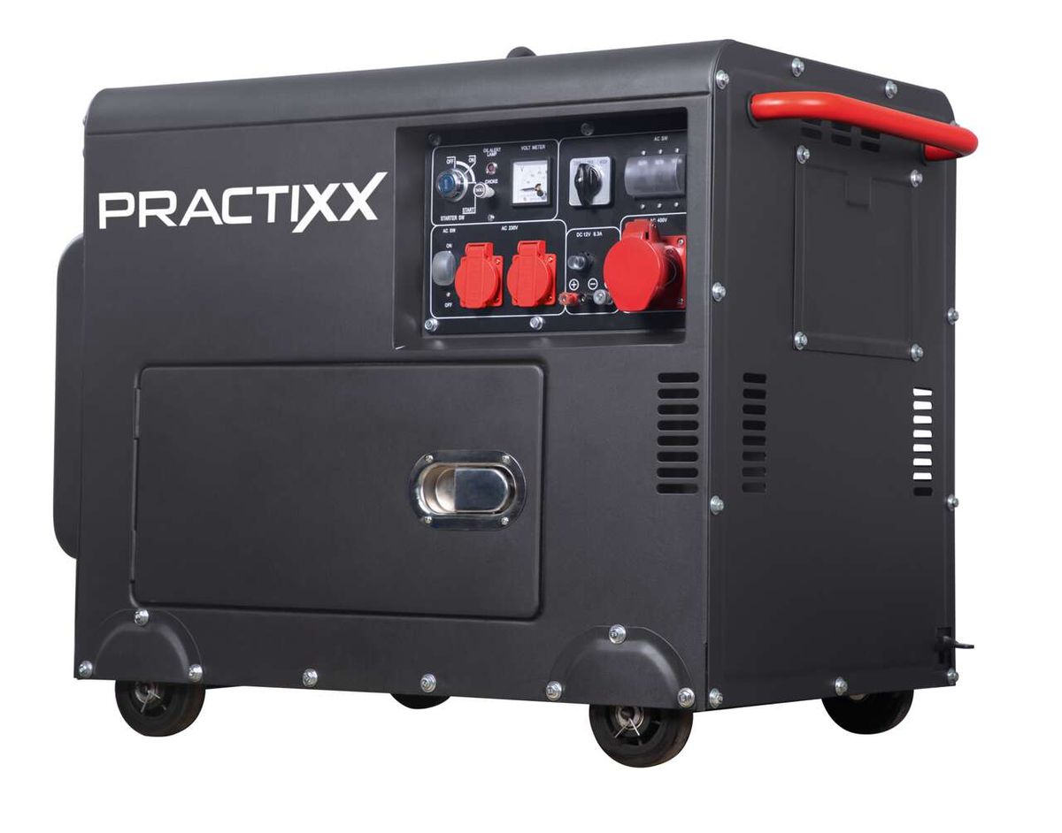 Diesel Stromerzeuger PX-SE-5000D Practixx von Scheppach, seitliche Ansicht mit Bedienfeld und Steckdosen. Der Stromerzeuger hat einen Elektrostarter und liefert 5000W Leistung. Das Gerät verfügt über zwei 230V- und eine 400V-Steckdose.