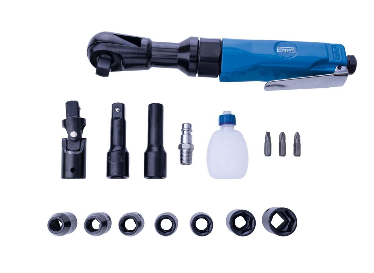 Scheppach Zubehör-Set für Druckluftratsche mit verschiedenen Aufsätzen und Werkzeugen. Enthält verschiedene Nüsse, Adapter und eine Ölflasche.