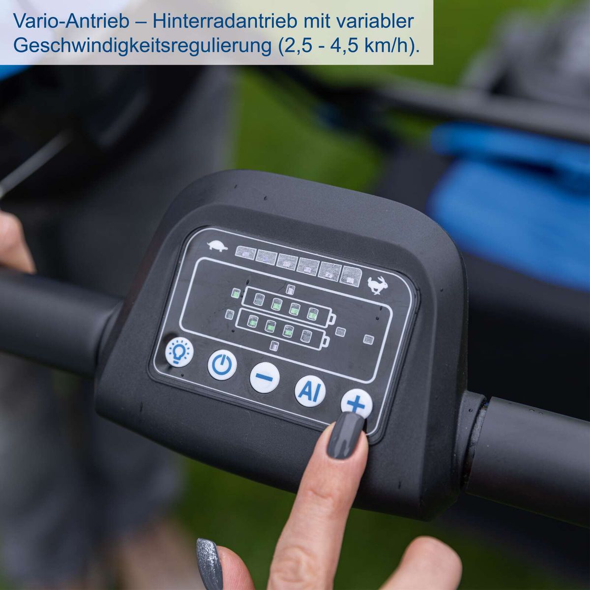 Variable Geschwindigkeitsregelung für Akku-Rasenmäher mit Hinterradantrieb, Speed von 2,5 bis 4,5 km/h