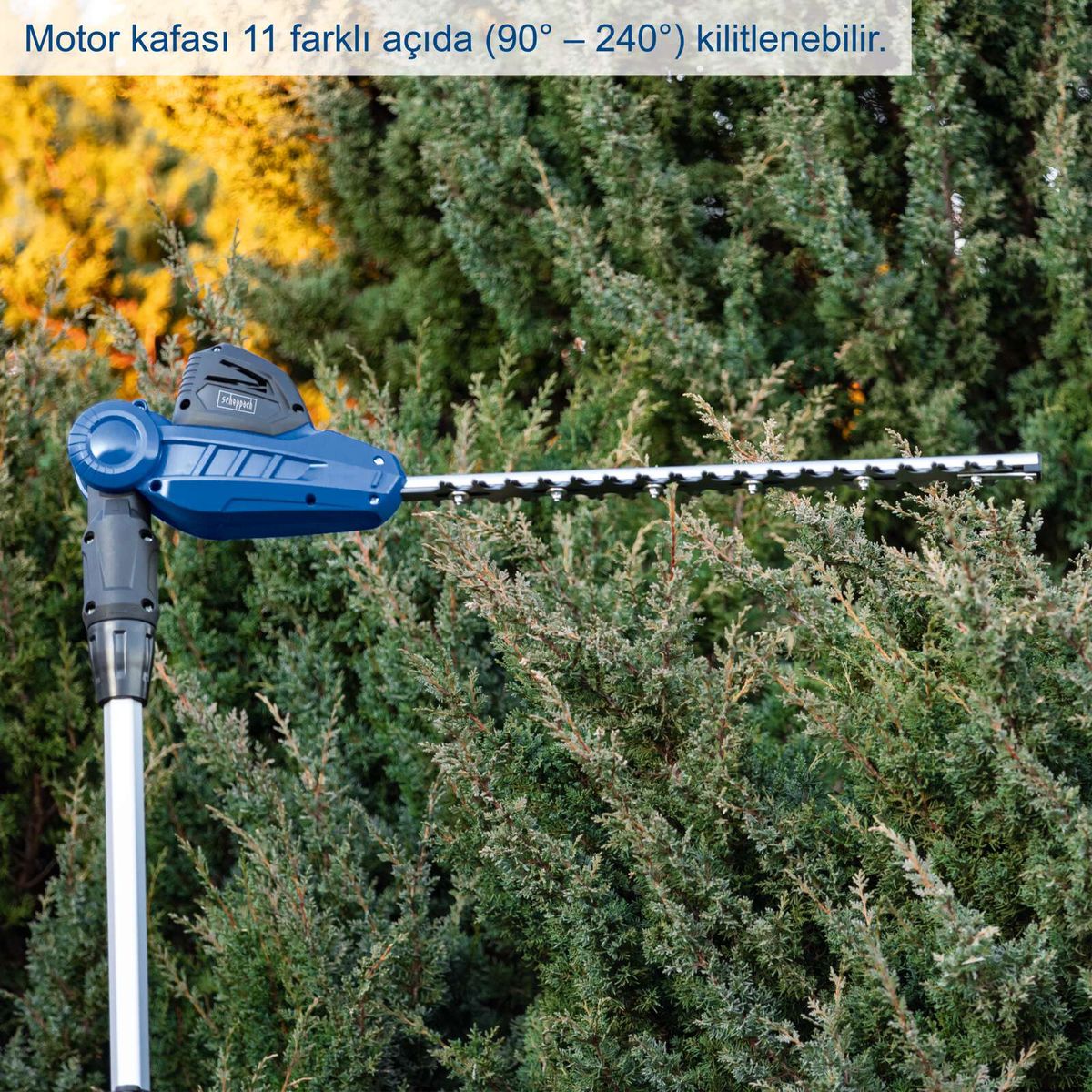 Der Motor Kopf der Akku-Teleskop-Heckenschere C-PHS410-X Scheppach kann in 11 verschiedenen Winkeln zwischen 90° und 240° arretiert werden.