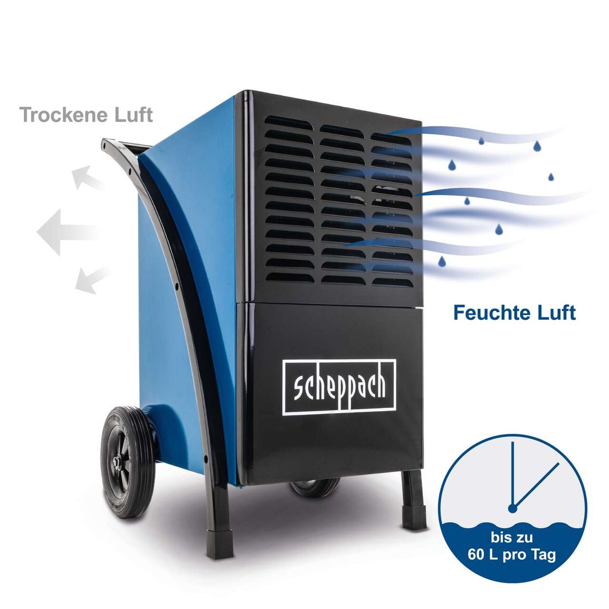 Der Bautrockner BTR6500 von Scheppach trocknet Luft und gibt bis zu 60 Liter Wasser pro Tag ab. Er eignet sich für Räume bis 80m² und hat ein LCD-Display.
