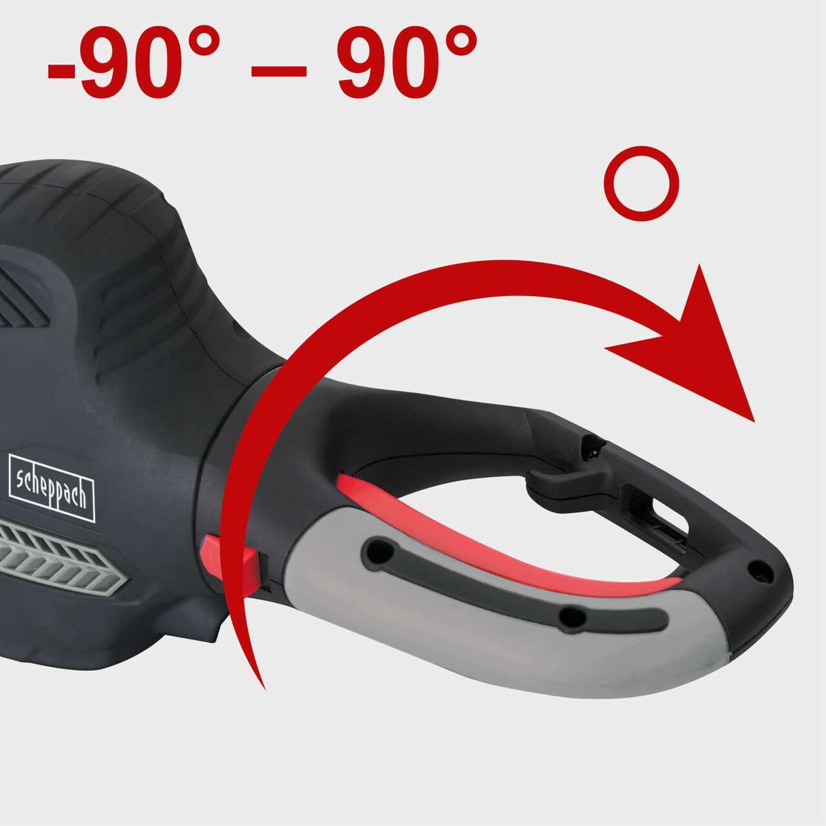 Die Heckenschere HT600 von Scheppach hat einen drehbaren Griff, der um -90° bis 90° verstellbar ist.