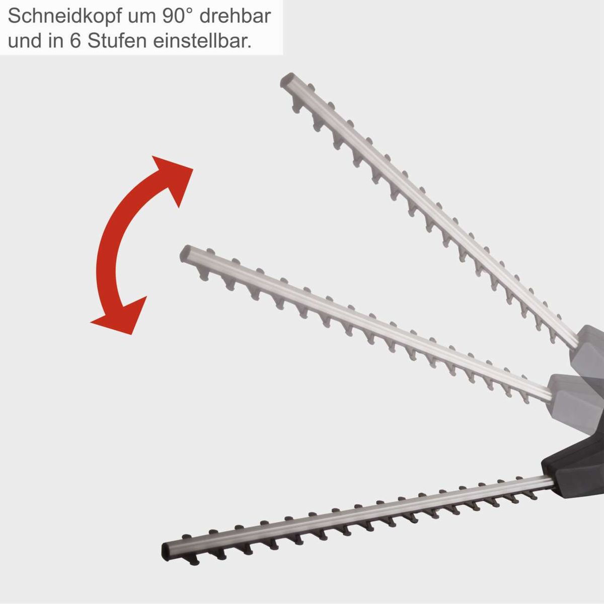 Der Schneidkopf der Elektro Teleskop Heckenschere ETHT500 ist um 90 Grad drehbar und in 6 Stufen einstellbar.