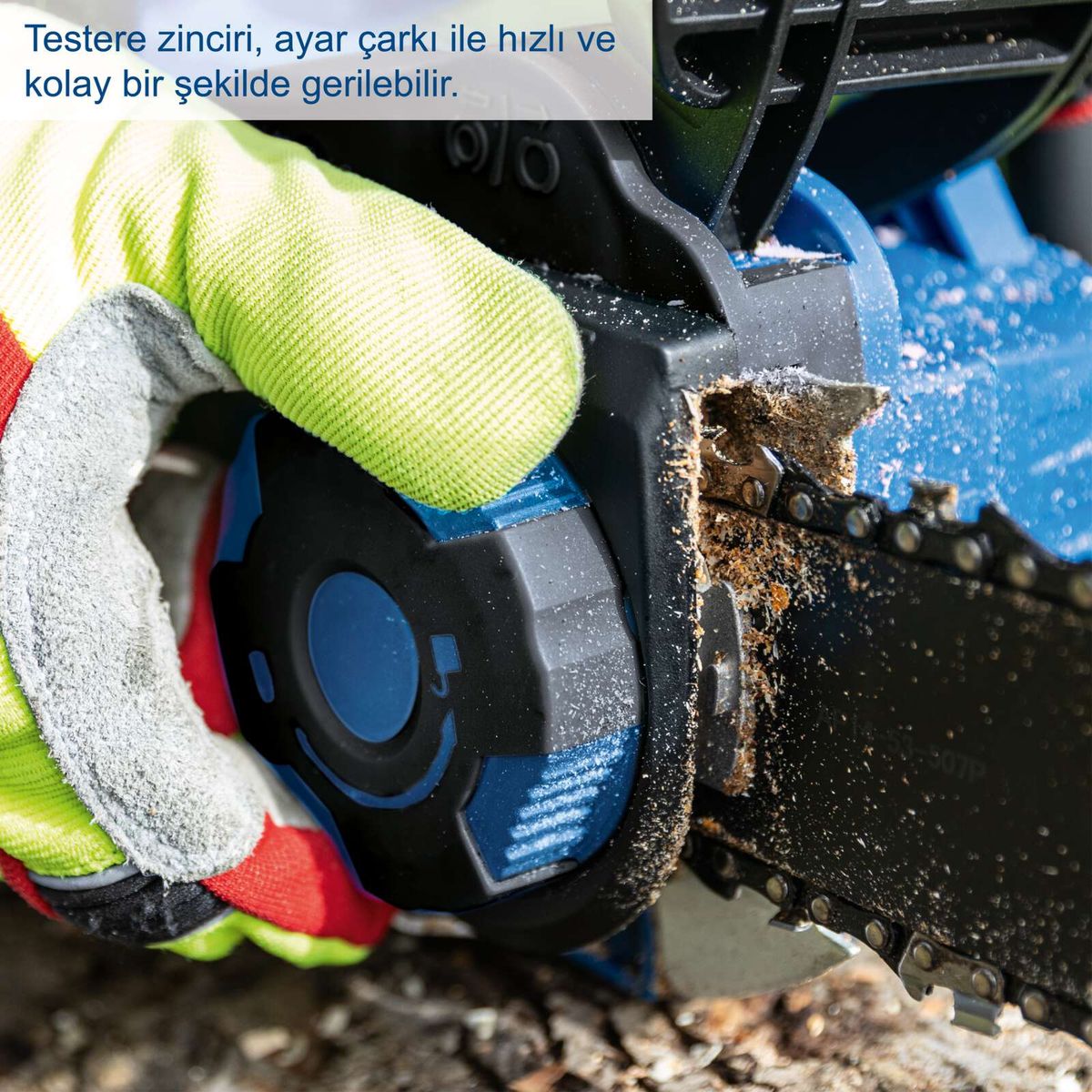 Die Testere zinkiri-Sägekette kann mit der Einstellscheibe schnell und einfach gespannt werden.