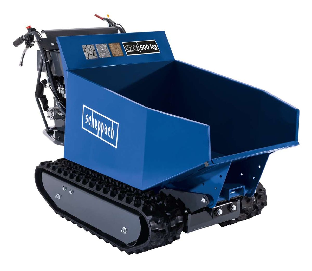 Kettendumper DP5000 Scheppach - 5,6 PS | Traglast 500 kg | Kettenantrieb | Hydraulik-Kippbehälter. Ansicht von der Seite.