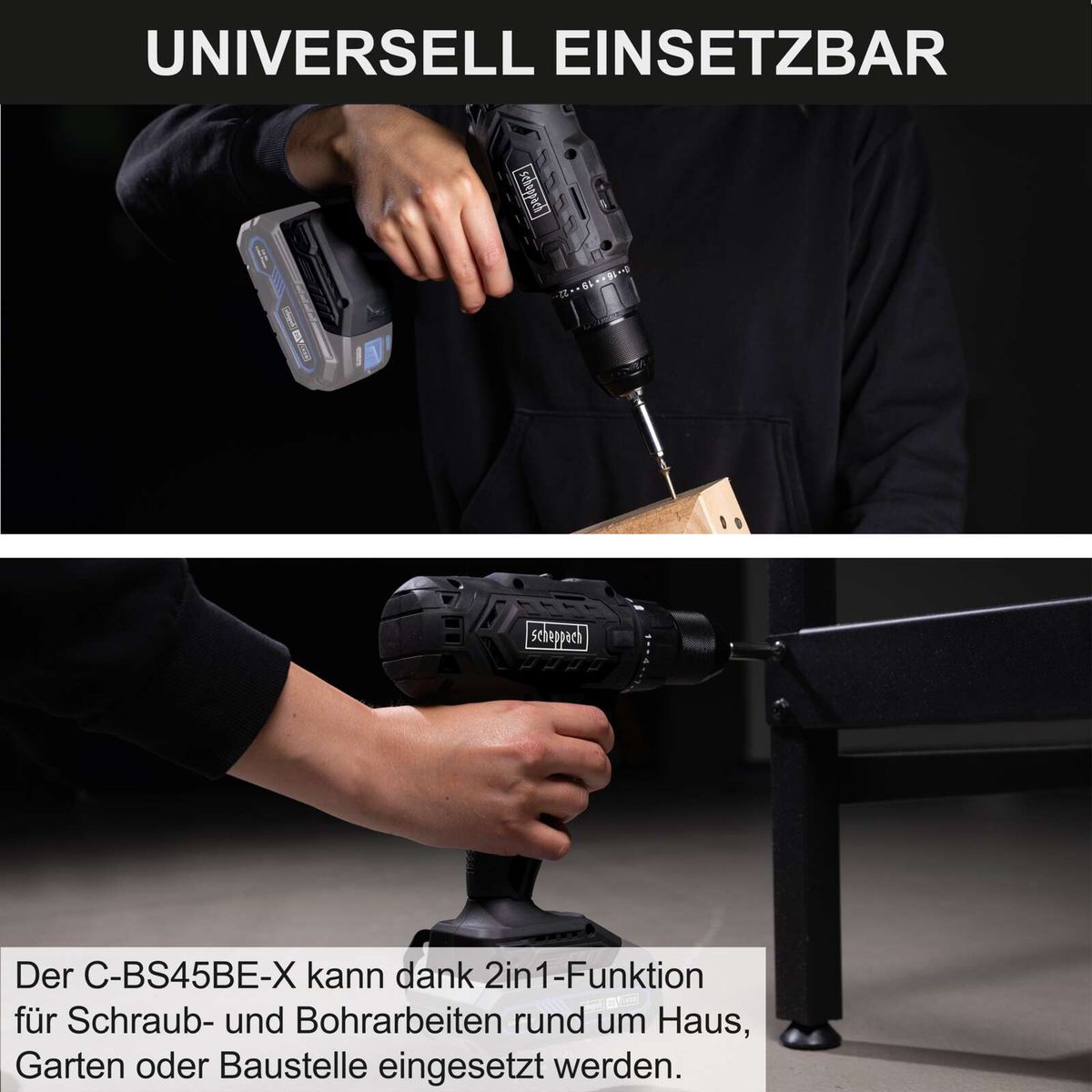 Scheppach Akku-Bohrschrauber mit 2-in-1-Funktion für Schraub- und Bohrarbeiten rund um den Haushalt, Garten oder Baustelle.