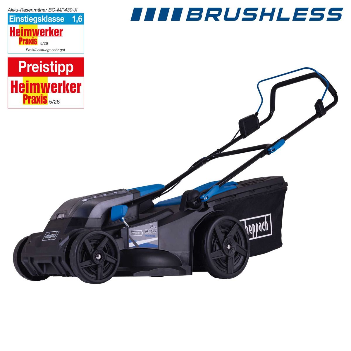 Scheppach Akku-Rasenmäher mit Brushless-Technologie, 43 cm Schnittbreite, 50-Liter-Korb, Blick auf Vorderseite und Seitenprofil