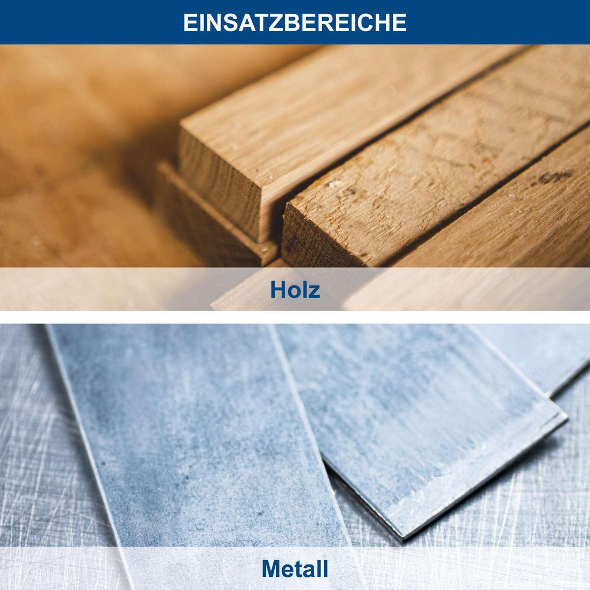 Holz- und Metall-Einsatzbereiche für Werkzeuge, inkl. Holz- und Metallplatten