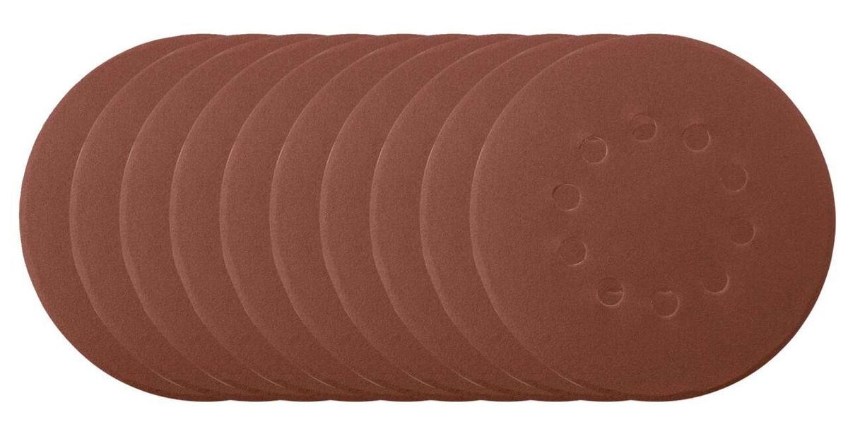 Ein Satz von zehn ovalen Schleifpapieren mit einem Durchmesser von 215 mm und einer Körnung von K 150. Jedes Blatt hat sechs Löcher zur besseren Handhabung. Das Schleifpapier ist von vorne zu sehen.
