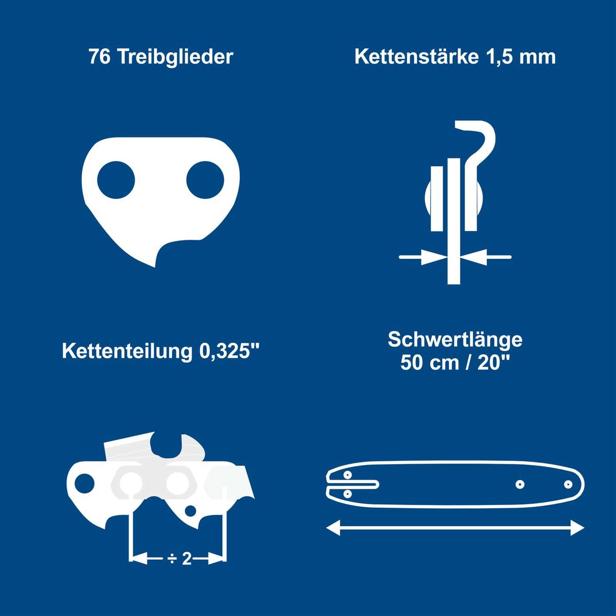 Scheppach-Kette mit 76 Gliedern, Kettenstärke 1,5 mm, Kettenteilung 0,325 Zoll und Schwertlänge 50 cm/20 Zoll