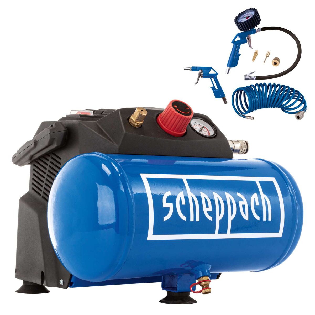 Scheppach-Kompressor mit 6-Liter-Kessel, 8 bar Druck, inkl. Zubehör und 5 Meter Schlauch
