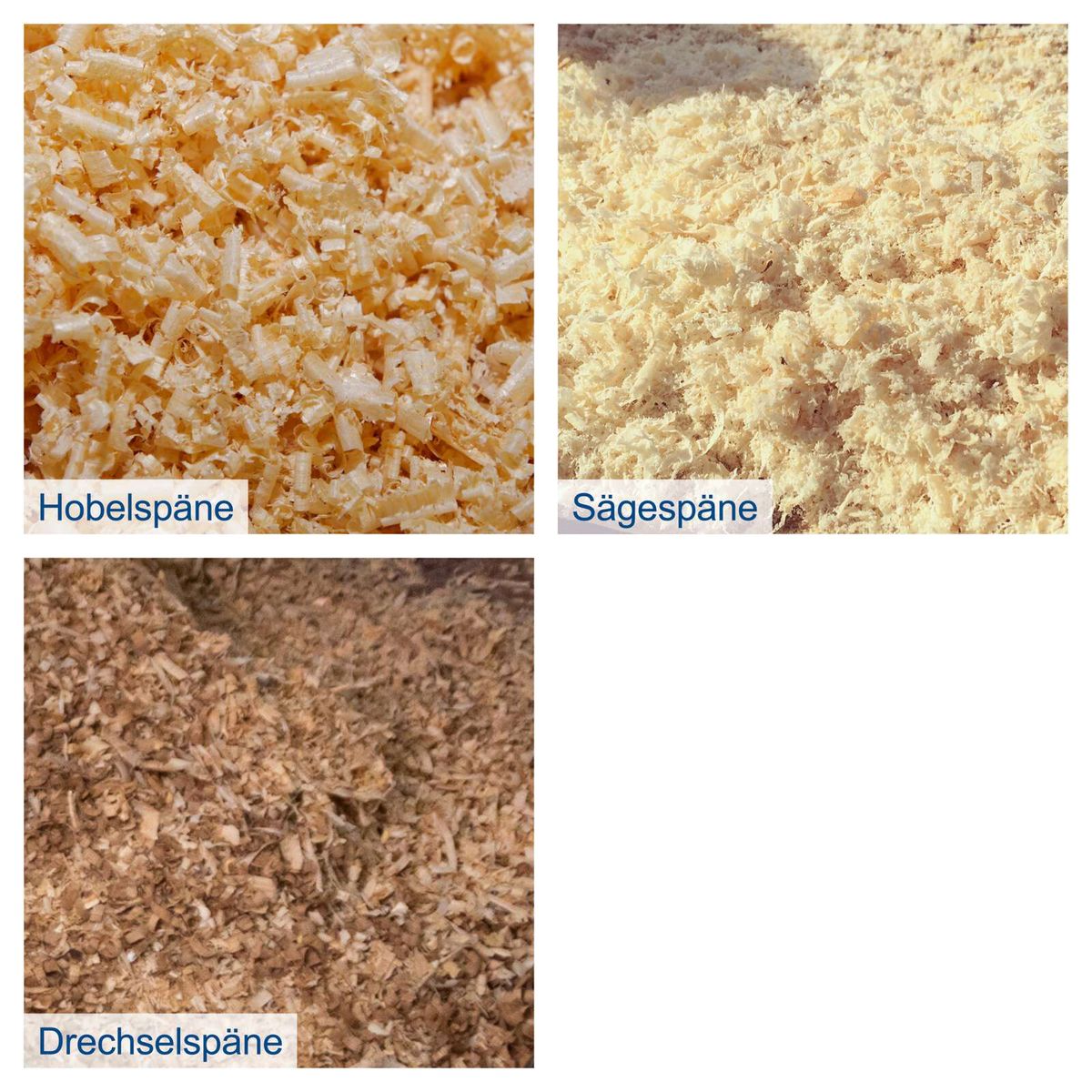 Das Bild zeigt verschiedene Arten von Holzspänen: Hobelspäne, Sägespäne und Drehselspäne. Diese Späne können mit der Absauganlage DC500 von Scheppach effektiv entfernt werden.