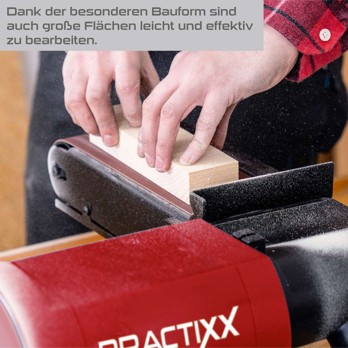 Werkzeugbeschreibung für Band- und Tellerschleifer mit Hinweis auf effiziente Bearbeitung großer Flächen durch spezielle Bauform