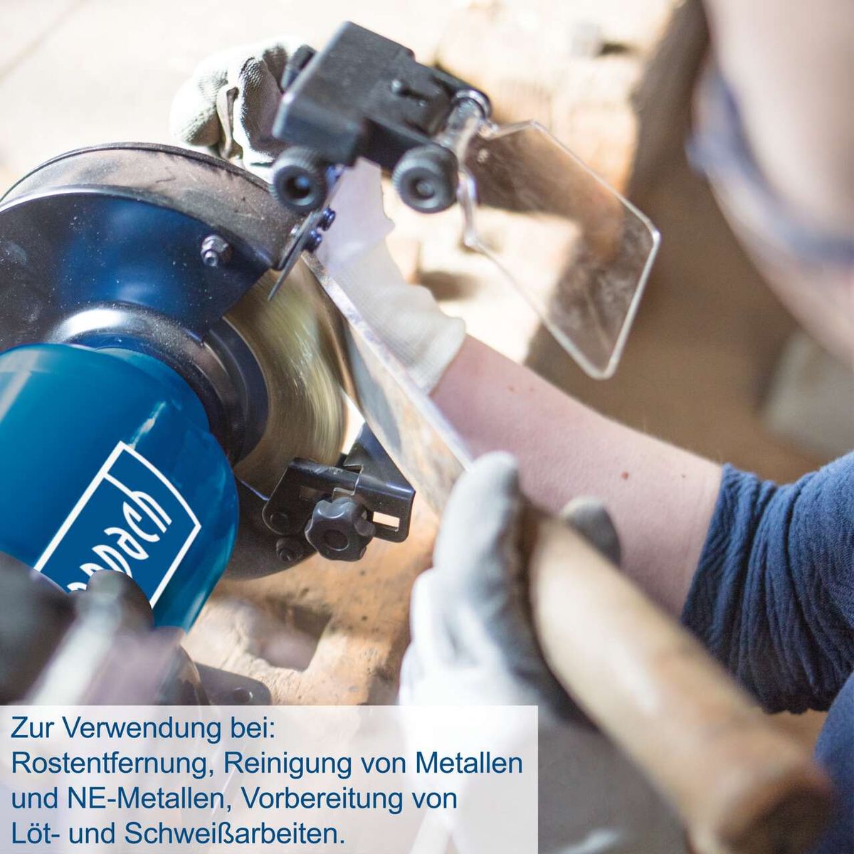 Der Doppelschleifer SM150L von Scheppach eignet sich zur Rostentfernung, Reinigung von Metallen und NE-Metallen sowie zur Vorbereitung von Löt- und Schweißarbeiten.