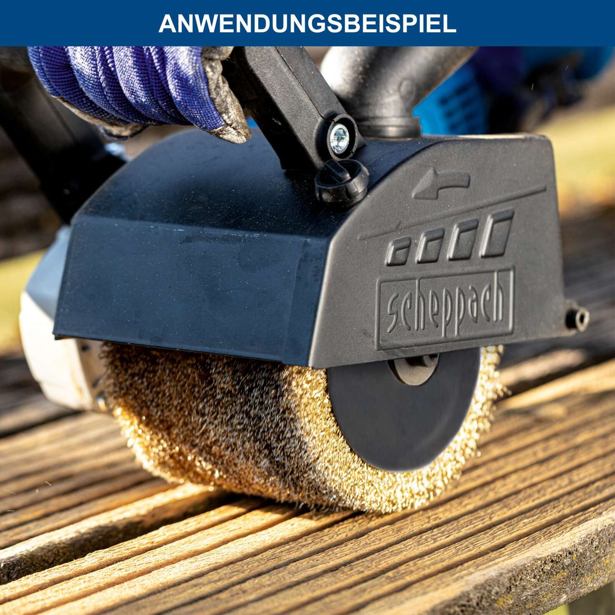 Scheppach-Werkzeug mit integriertem Sicherheitshalter für Handwerkzeuge, dargestellt beim Einsatz auf Holz