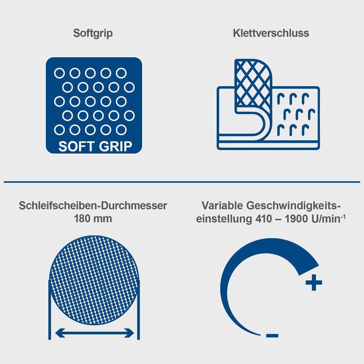 Das Scheppach-Werkzeug verfügt über einen Softgrip für besseren Halt, einen Klettverschluss für einfache Anpassung, einen Schleifscheibendurchmesser von 180 mm und eine variable Geschwindigkeitsregelung von 410 bis 1900 U/min.