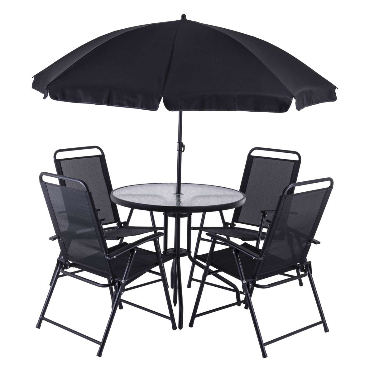 Balkon- und Gartenset mit 4 Klappstühlen, Sonnenschirm und Glastisch in Anthrazitfarbe