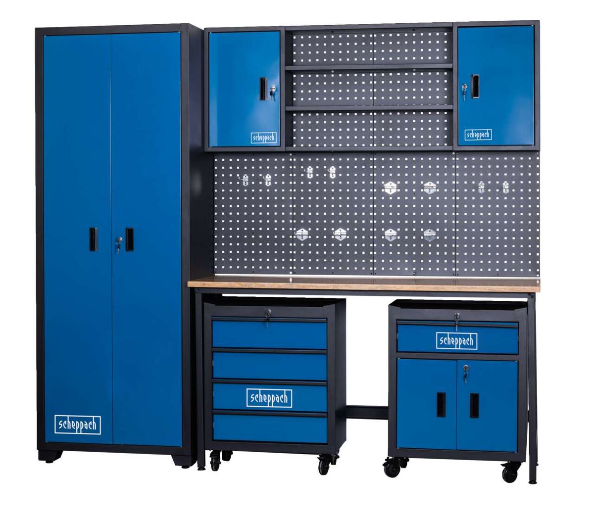 Werkstatt Komplett Set GWS08 von Scheppach. Enthält Werkstattwagen, Werkstattschrank, Werkzeugwand und Werkbank. Modulares System für DIY-Projekte. Maße: 2360x500x2050mm.